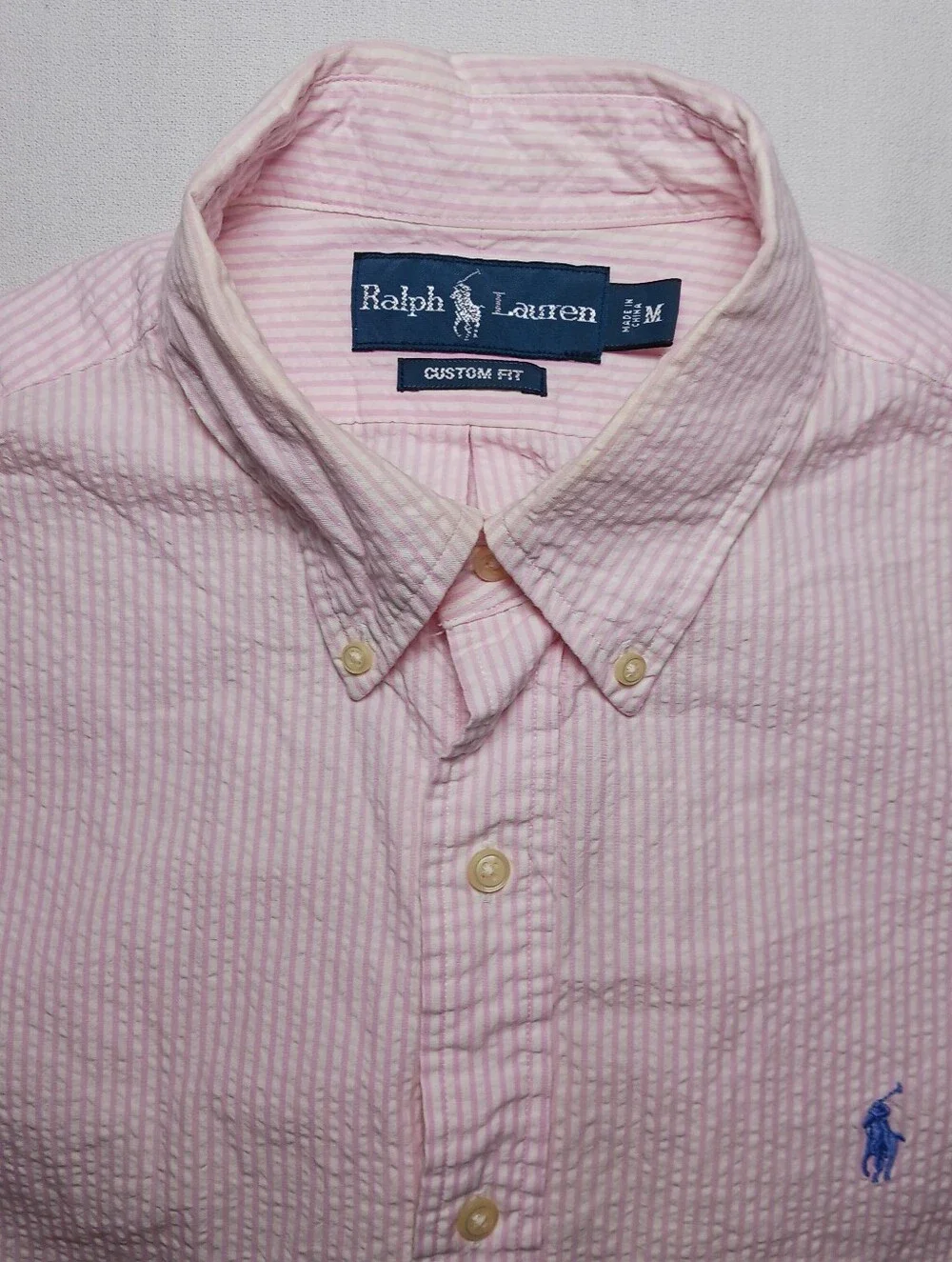 Polo Ralph Lauren Mens Custom Fit Seersucker Shirt Size M Pink White Stripes
